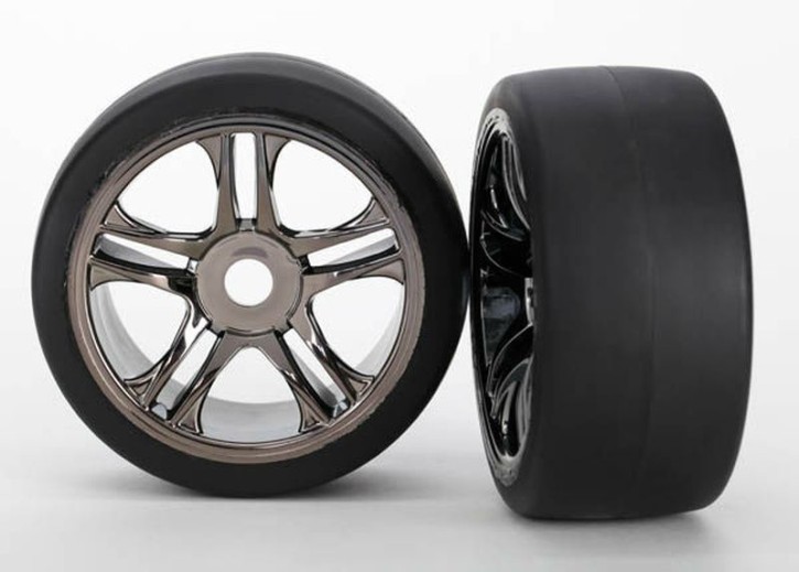 Slick-Reifen S1 weich auf Felge schwarz-chrom vorne (2) TRAXXAS XO-1